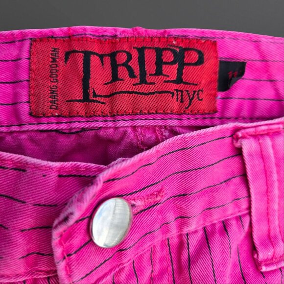 Vintage Tripp NYC Pink Black Pinstriped Pants Buckles Zippers Size 11 Low Rise - Picture 6 of 12